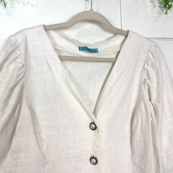 Sonja Wilson Blouse Jacket Women Large White V-Neck Button Up Pearl Button Puff - Picture 8 of 16
